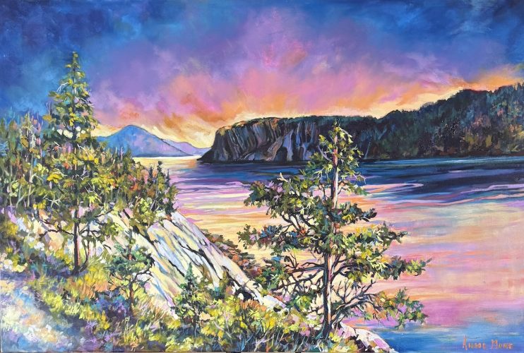 original oil on canvas landscape painting with pink and blue sky and water surrounding costal trees and rocks in Newfoundland, Canada